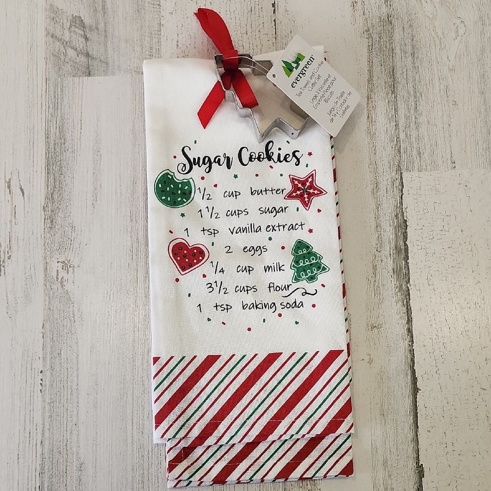 Evergreen Christmas Sugar Cookie Recipe 2 Tea Towels And Cookie Cutter NEW